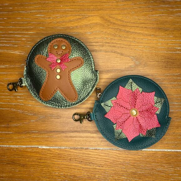 Portland Leather Holiday Pouch Set of 2 PLG Keychain Gingerbread Poinsettia - Picture 1 of 7